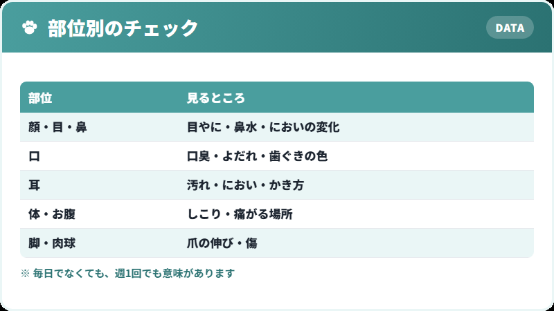 なでながら確認する部位