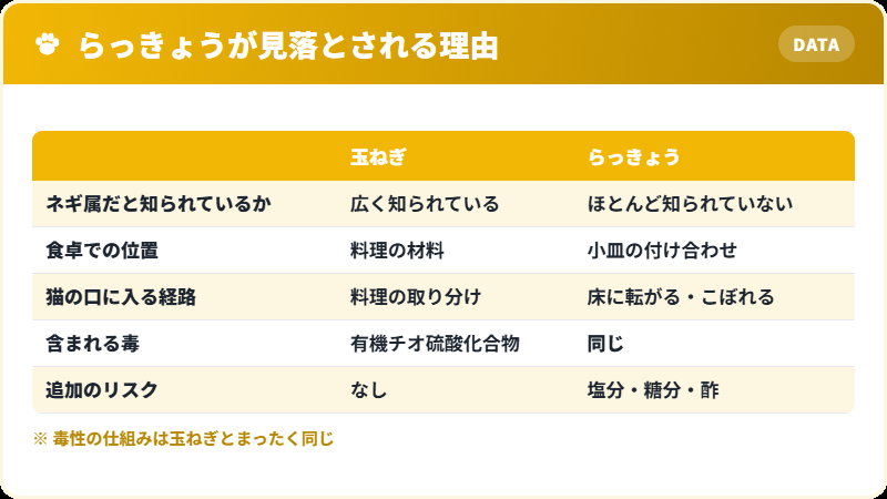 らっきょうがネギ属だと気づかれにくい理由の比較表