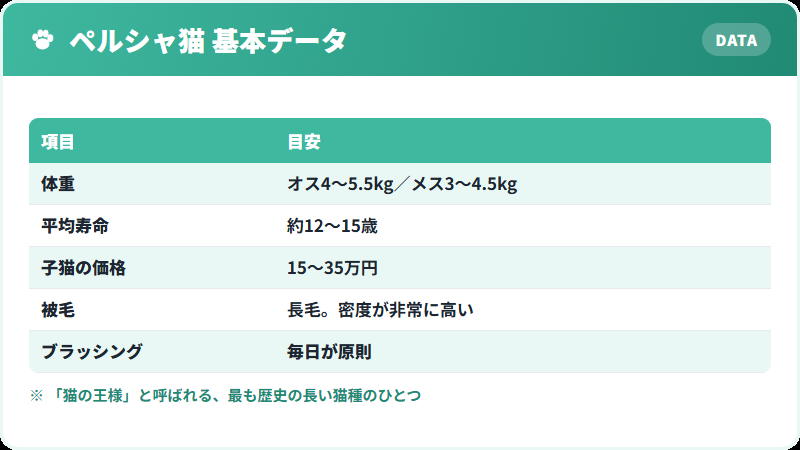 ペルシャ猫の基本データ 体重・寿命・価格の一覧