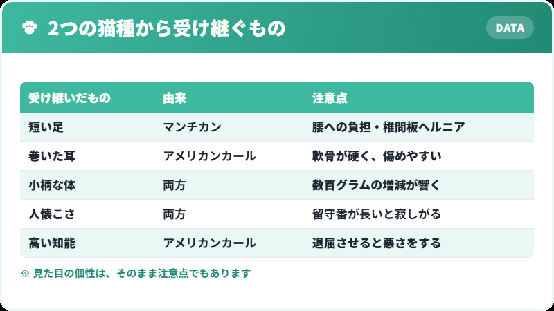 キンカローが2つの猫種から受け継いだ特徴の一覧